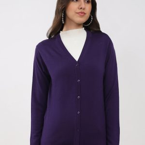 Luxuria Women Purple Solid V Neck Full Sleeve Cardigan