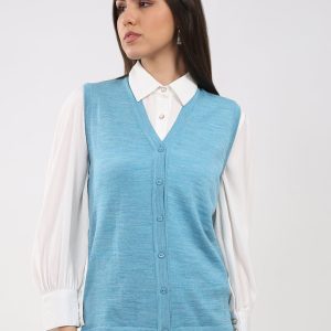 Luxuria Women Turquoise Blue Solid V Neck Sleeveless Cardigan
