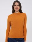 Women Yellow Solid T Neck Full Sleeve Sceavy