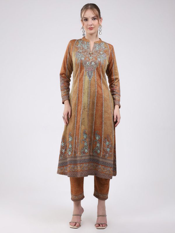 Women Mustard Printed Round Neck Full Sleeve Kurti Set for Winter