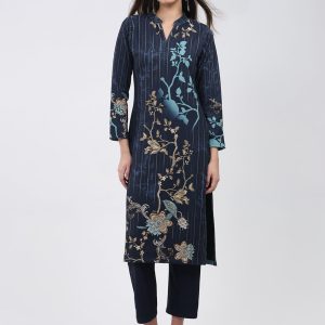Women Blue Printed Round Neck Full Sleeve Kurti Set for Winter