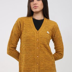 Women Mustard Self Design V Neck Full Sleeve Cardigan