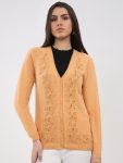 Women Peach Self Design V Neck Full Sleeve Cardigan