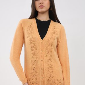 Women Peach Self Design V Neck Full Sleeve Cardigan