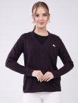 Women Purple Self Design V Neck Full Sleeve Cardigan