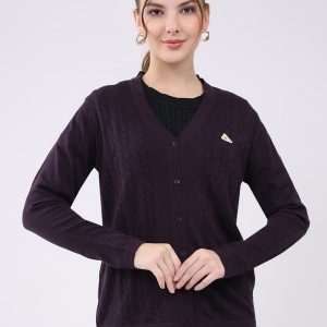 Women Purple Self Design V Neck Full Sleeve Cardigan