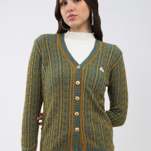 Women Mustard Self Design V Neck Full Sleeve Cardigan