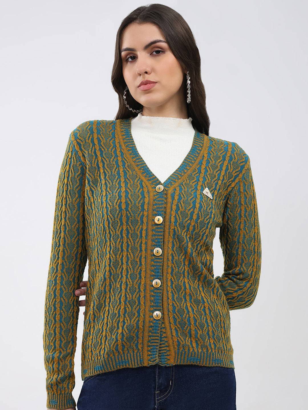 Women Mustard Self Design V Neck Full Sleeve Cardigan
