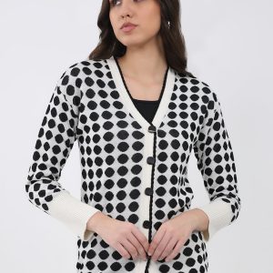 Women Off White Printed V Neck Full Sleeve Cardigan