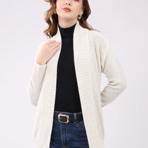 Women Off White Self Design Collar Full Sleeve Cardigan