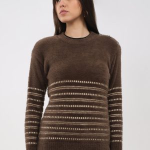 Women Brown Printed Round Neck Full Sleeve Winter Top