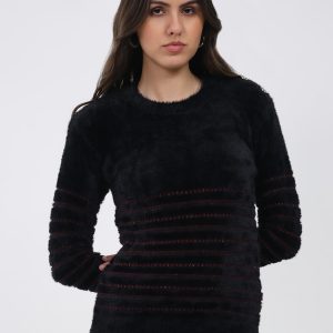 Women Black Printed Round Neck Full Sleeve Winter Top