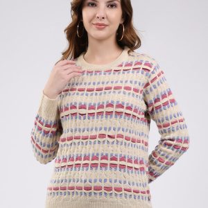 Women Beige Abstract Round Neck Full Sleeve Winter Top