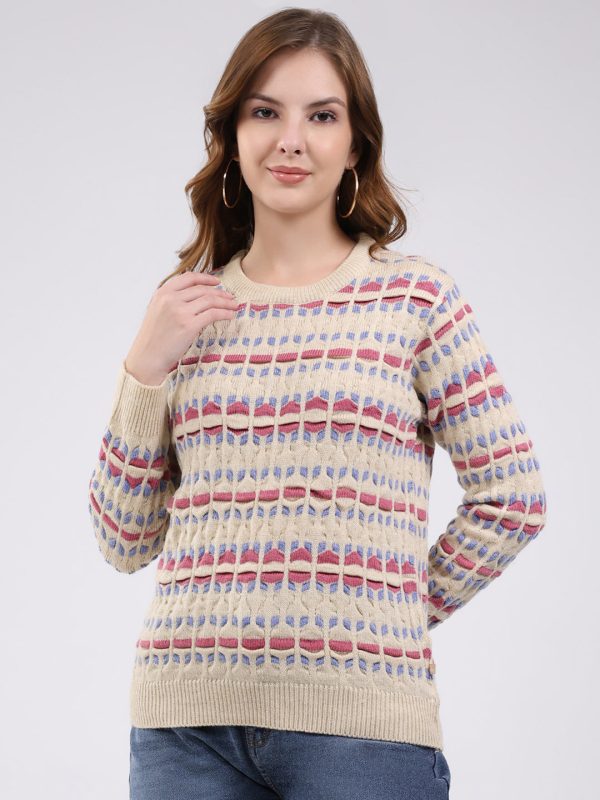 Women Beige Abstract Round Neck Full Sleeve Winter Top