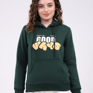 Rock.it Women Dark Green Printed Hooded Full Sleeve Sweatshirt