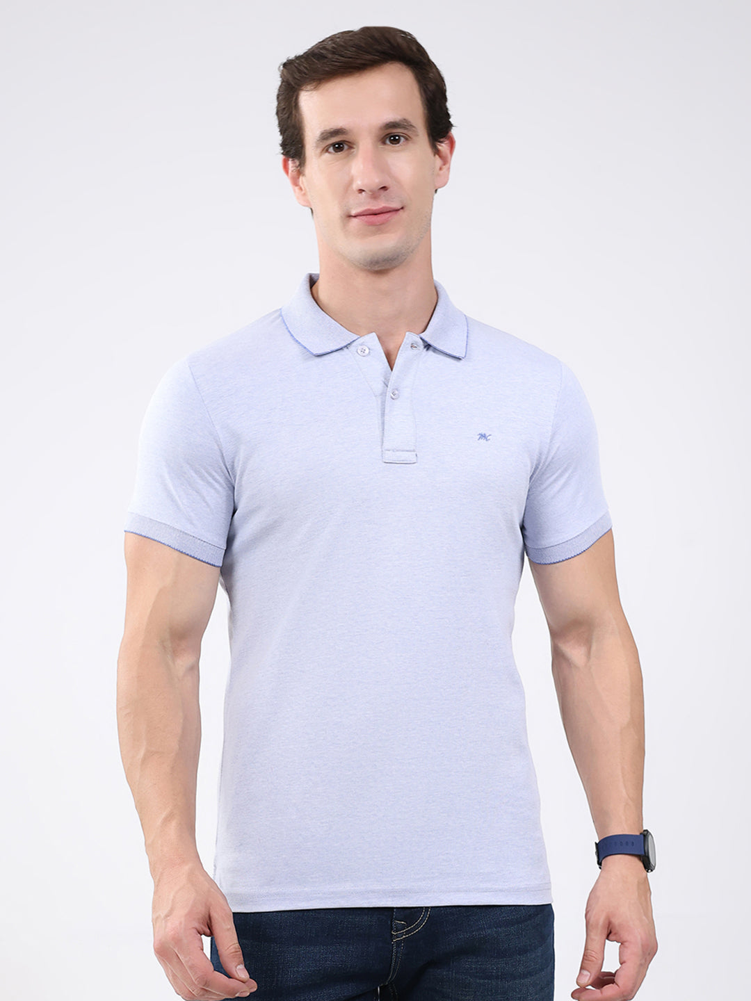 Men Sky Blue Solid Collar Half Sleeve T-Shirt