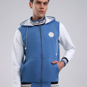Men Blue Embroidered Hooded Full Sleeve Sweatshirt