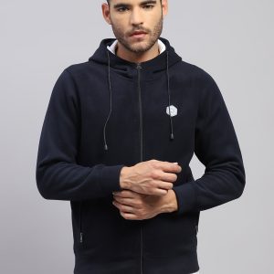Men Navy Blue Solid Hooded Full Sleeve Sweatshirt