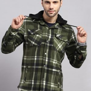 Men Green Self Design Hooded Extra-Warm Full Sleeve Shacket