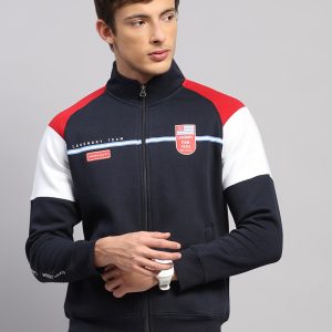 Men Blue Printed Collar Full Sleeve Sweatshirt