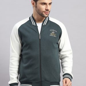 Men Green Self Design Collar Full Sleeve Sweatshirt Varsity Collection