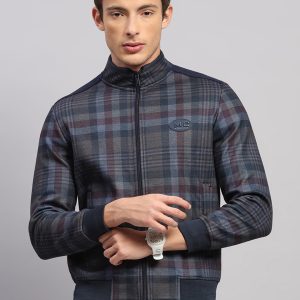 Men Navy Blue Jaquard Collar Full Sleeve Sweatshirt