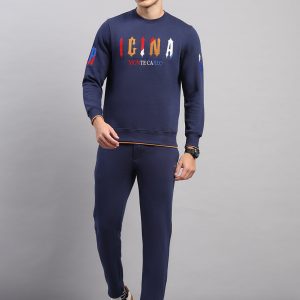Men Blue Self Design Collar Full Sleeve Winter Tracksuit