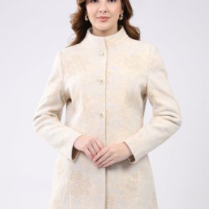 Women Beige Self Design Band Neck Full Sleeve Coat