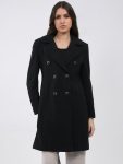 Women Black Solid Collar Full Sleeve Coat