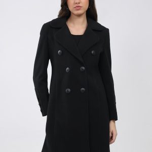 Women Black Solid Collar Full Sleeve Coat