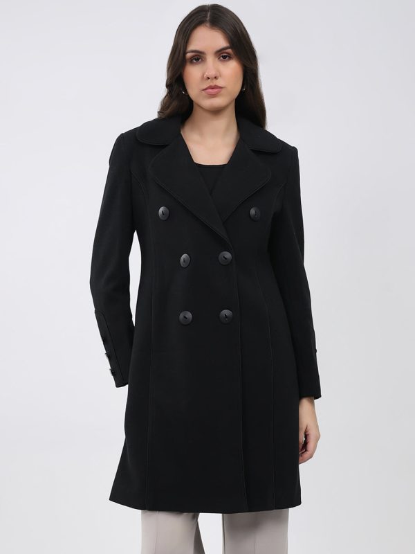 Women Black Solid Collar Full Sleeve Coat