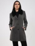 Women Grey Printed Collar Full Sleeve Coat