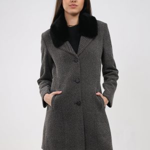 Women Grey Printed Collar Full Sleeve Coat