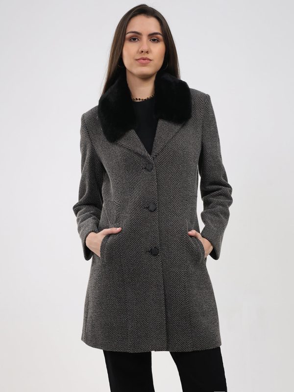 Women Grey Printed Collar Full Sleeve Coat