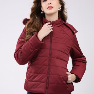 Women Maroon Solid Hooded Full Sleeve Jacket