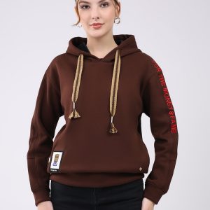 Women Brown Printed Hooded Full Sleeve Sweatshirt