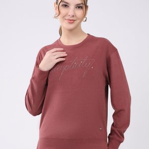 Women Burgundy Embroidered Round Neck Full Sleeve Winter Top