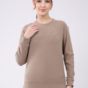 Women Camel Brown Embroidered Round Neck Full Sleeve Winter Top