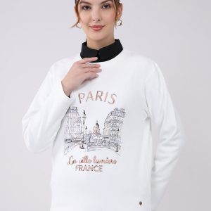 Women Off White Printed Round Neck Full Sleeve Winter Top