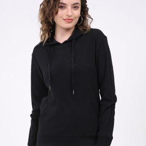 Women Black Printed Hooded Full Sleeve Winter Top