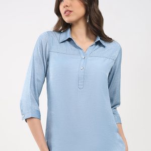 Women Blue Printed Collar 3/4th Sleeve Winter Top