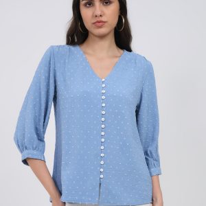 Women Blue Printed Front Open 3/4th Sleeve Winter Top