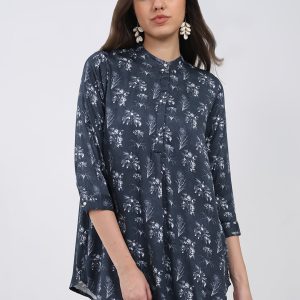 Women Grey Printed Round Neck 3/4th Sleeve Winter Kurti