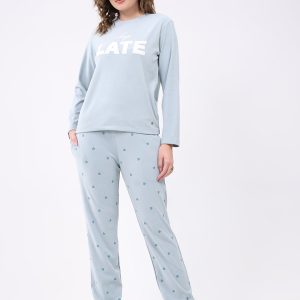 Women Blue Printed Round Neck Full Sleeve Lower Set