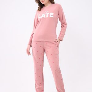 Women Pink Printed Round Neck Full Sleeve Lower Set