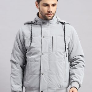 Men Grey Solid Hooded Full Sleeve Jacket