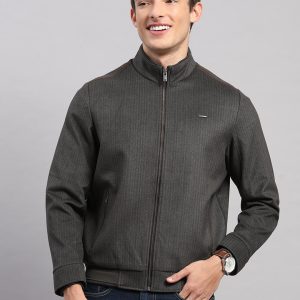 Men Brown Stripe Stand Collar Full Sleeve Jacket