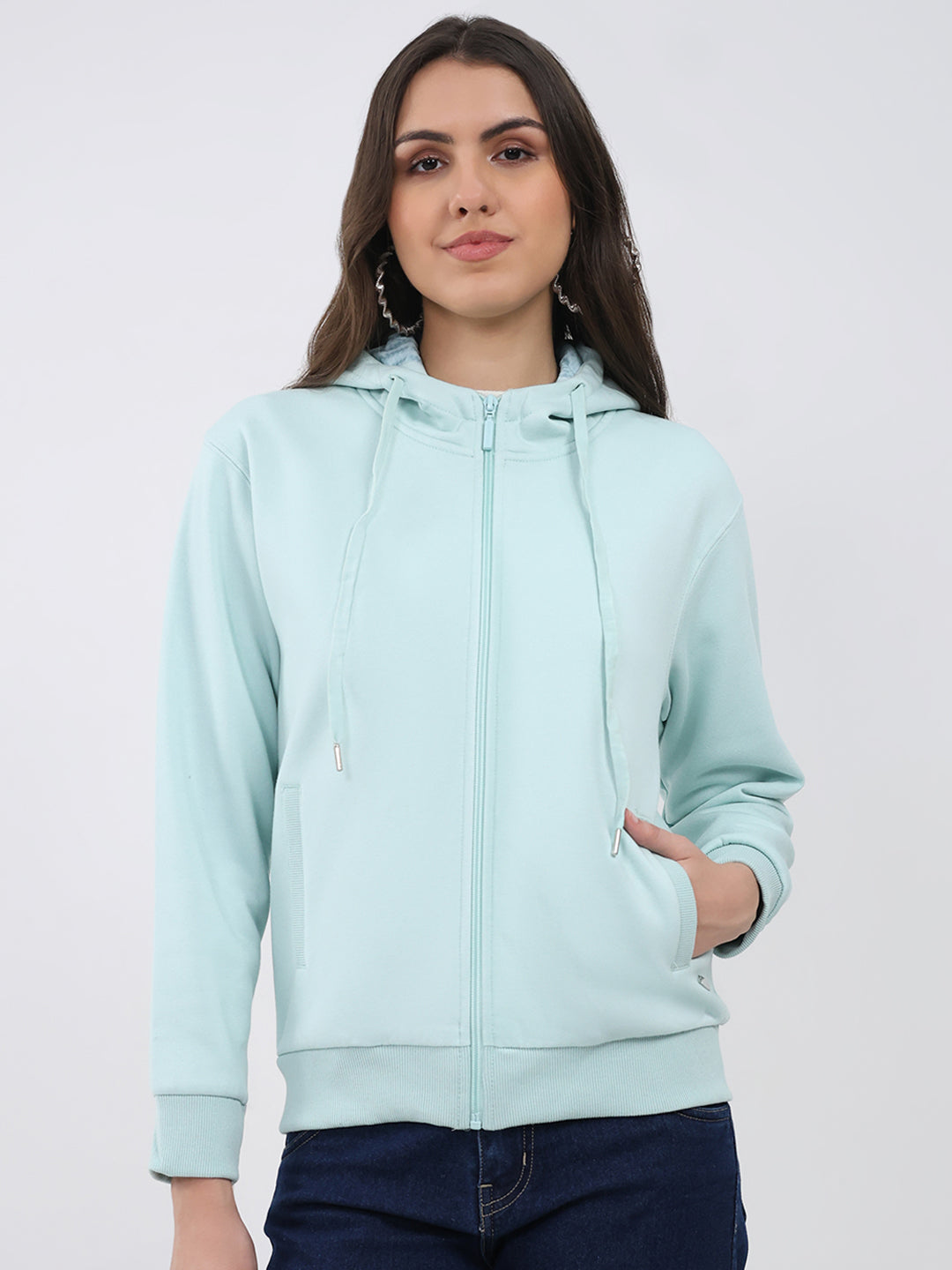 Women Sea Green Solid Hooded Full Sleeve Sweatshirt