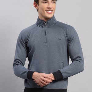 Men Blue Solid Collar Full Sleeve Sweatshirt