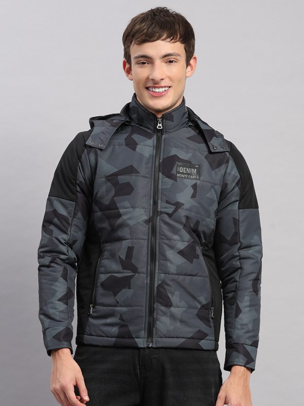 Men Black Printed Hooded Full Sleeve Jacket
